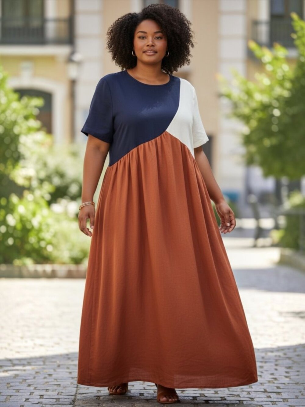 MISSLOOK Color Block Short Sleeve Maxi Dress Cotton Blend - Size 2XL